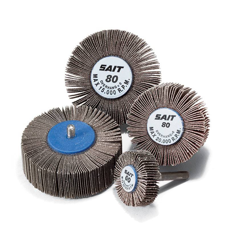 Sait 71071 shank-mounted flap wheel with 3-inch diameter, 3/4 inch width, 1/4 inch shank, 80 grit abrasive for grinding.