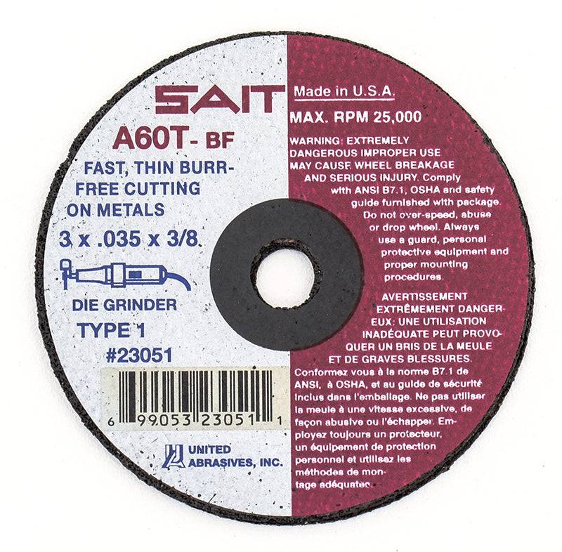 Sait Type 01 cut-off wheel, 4-inch diameter, 1/16-inch thickness, 5/8-inch arbor for grinding and cutting metal surfaces.