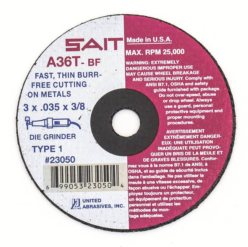Sait Type 01 4-inch cut-off wheel with 0.035-inch thickness and 1/4-inch arbor, featuring A36 grit for metal cutting.
