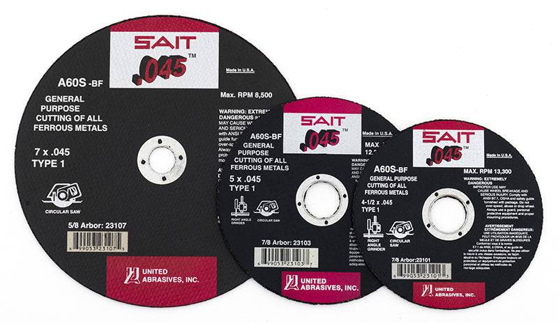 Sait Type 01 general-purpose cut-off wheel, 7-inch diameter, 0.045-inch thick, 5/8-inch arbor for industrial grinding and cutting.