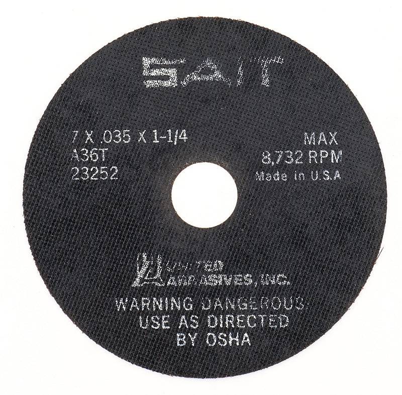 Sait Type 01 cut-off wheel, 6-inch diameter, 1/16-inch thickness, 5/8-inch arbor, A36 grit for grinding and cutting metal.