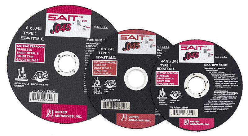Sait Type 01 cut-off wheel, 4.5 inch diameter, 0.045 inch thickness, 7/8 inch arbor for grinding and cutting applications.