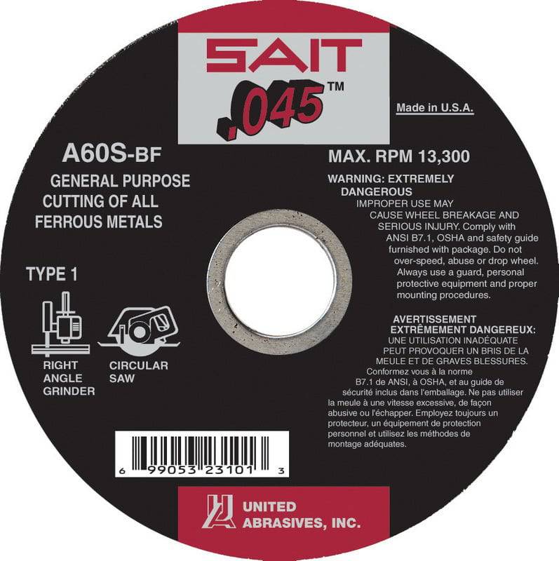 Sait Type 01 general-purpose cutting wheel, 4.5 inch diameter, 0.090 inch thick, 7/8 inch arbor, A60S grit, for metal cutting