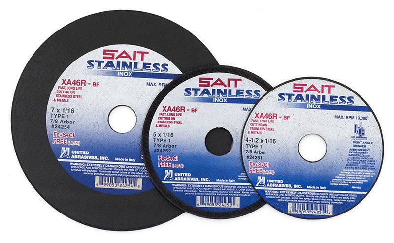Sait Type 01 high speed cut-off wheel, 5-inch diameter, 1/16-inch thickness, 7/8-inch arbor, used for cutting metal.