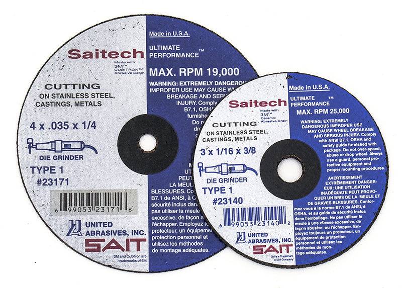 Sait Saitech Type 01 cut-off wheel, 4-inch diameter, 1/16-inch thick, 3/8-inch arbor, designed for grinding and cutting tasks.