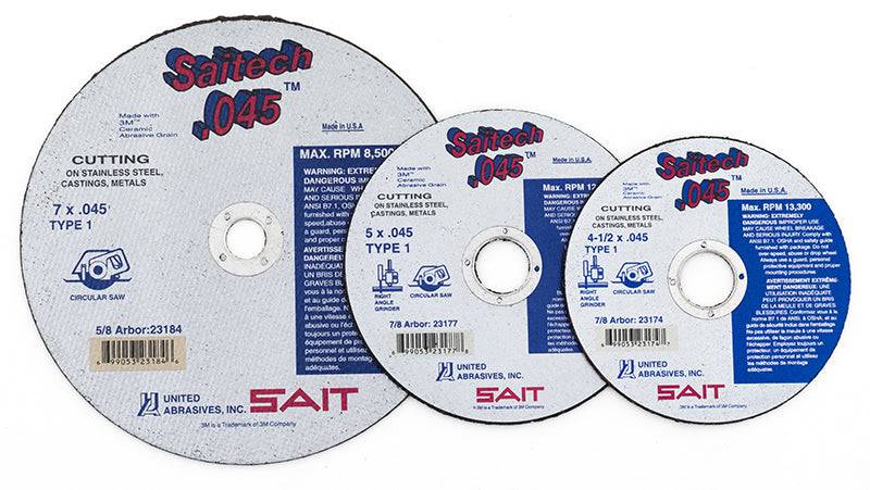 Sait Saitech Type 01 6-inch cutting wheel with 0.045-inch thickness and 5/8-inch arbor for grinding and cutting metal.