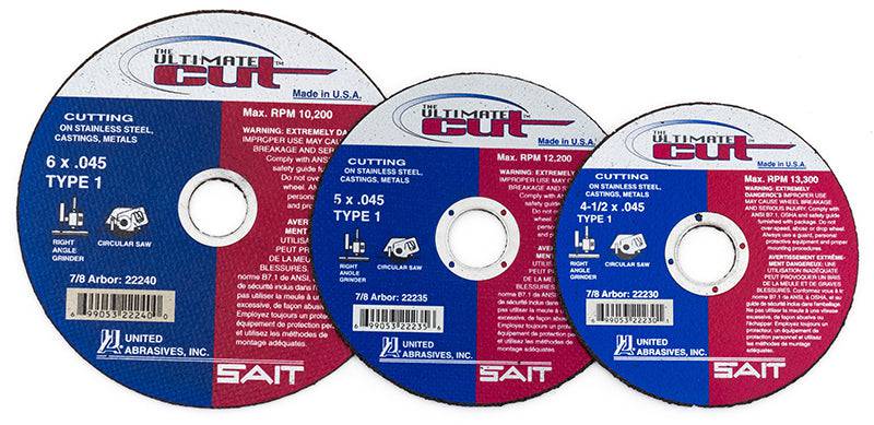Sait Ultimate Cut Type 01 6-inch cutting disc with 0.045-inch thickness and 7/8-inch arbor for grinding and cutting metal.