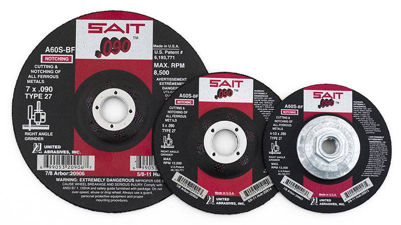 Sait Type 27 depressed center cutting wheel, 5-inch diameter, 0.090-inch thickness, 5/8-11 inch arbor, for grinding and cutting metal.