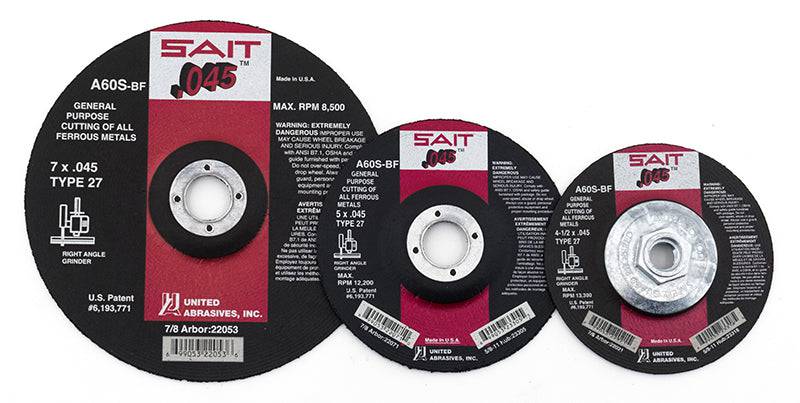 Sait Type 27 depressed center cut-off wheel, 4-inch diameter, 0.045-inch thickness, 5/8-inch arbor for grinding and cutting.