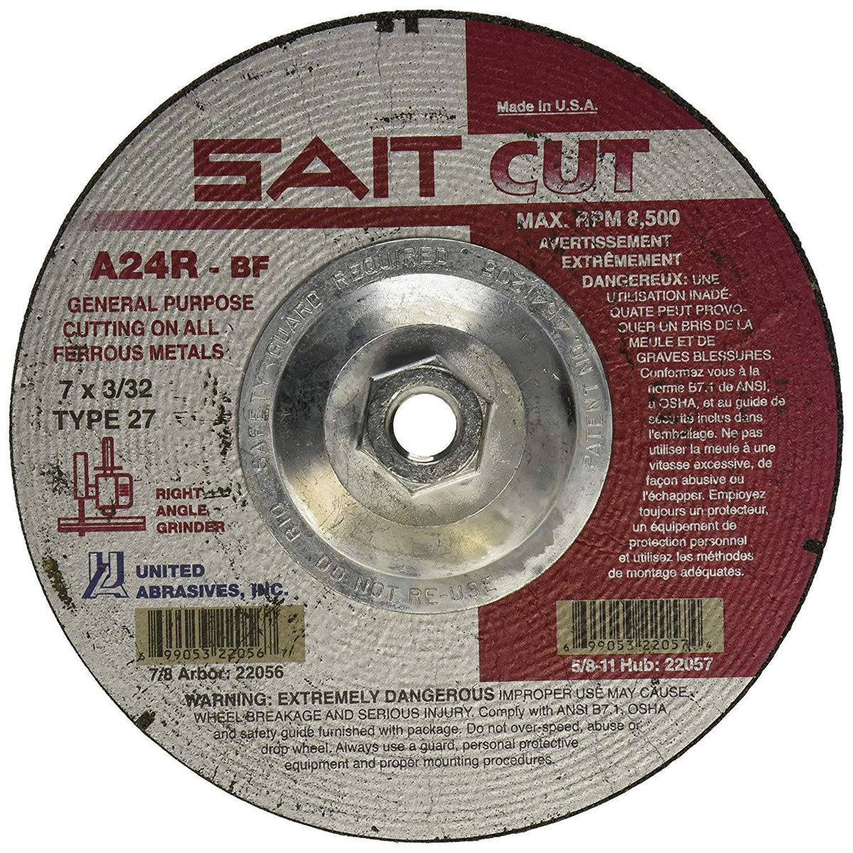 Sait Type 27 general purpose cutting disc, 7-inch diameter, 3/32-inch thickness, 5/8-11 arbor for metal cutting.