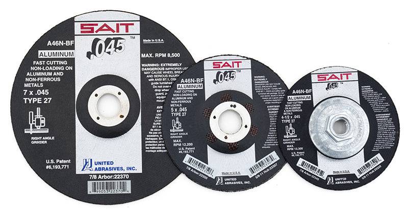 Sait Type 27 grinding wheel with aluminum oxide grain, 7-inch diameter, 0.045-inch thickness, 7/8-inch arbor for metal grinding.