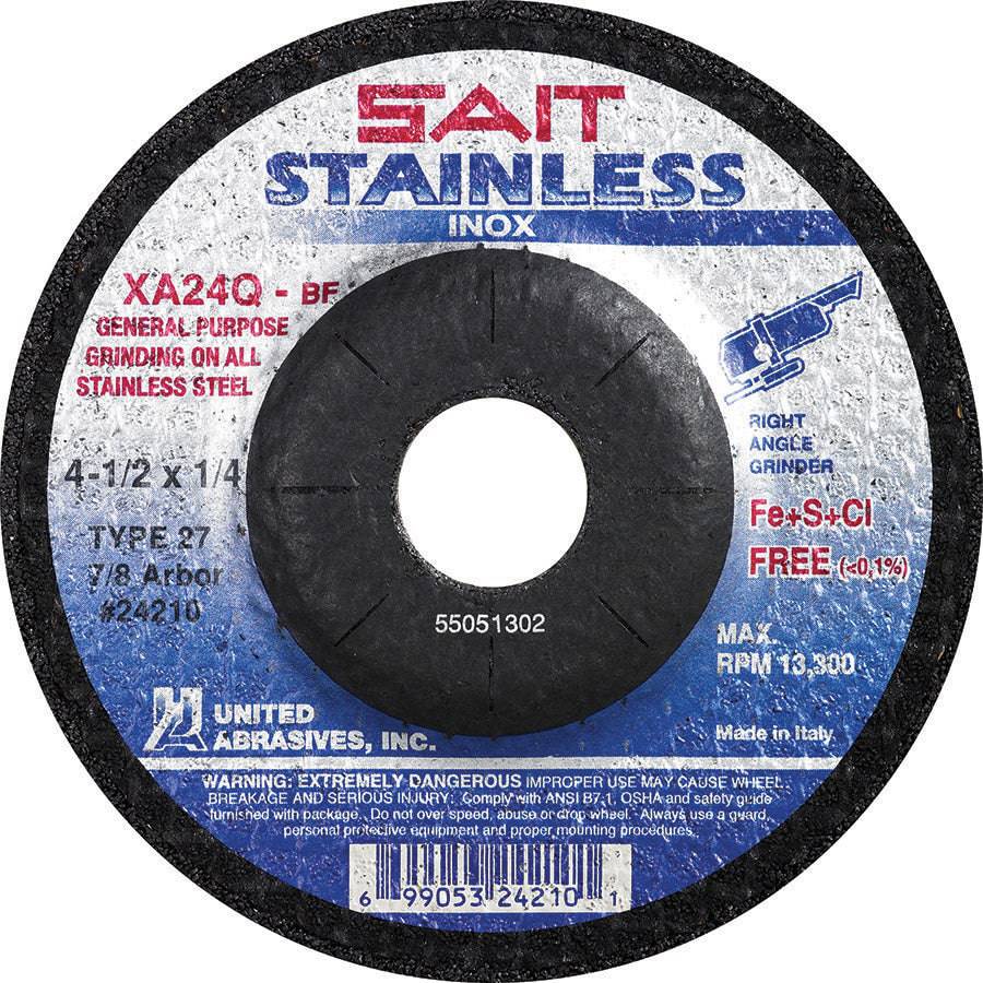 Sait Type 27 contaminant-free depressed center wheel, 7 inch diameter, 1/4 inch thickness, 7/8 inch arbor hole for grinding or cutting.