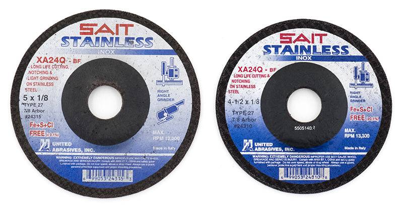 Sait Type 27 contaminant-free depressed center grinding wheel, 9-inch diameter, 1/8-inch thickness, 7/8-inch arbor size.