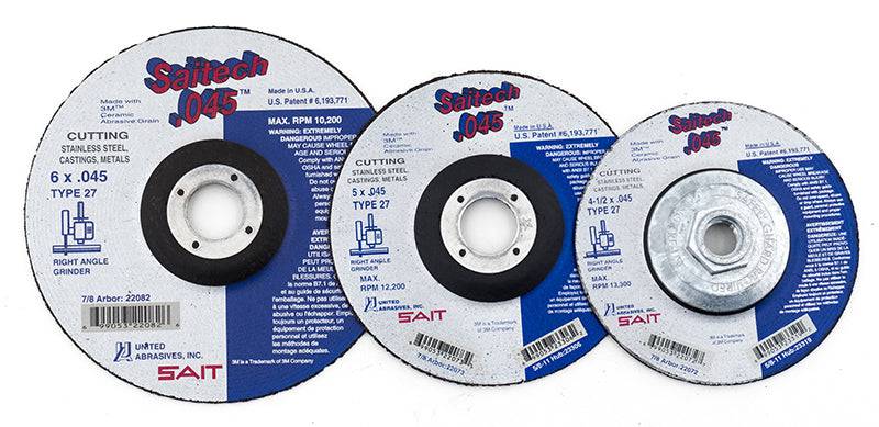Sait Saitech Type 27 cut-off wheel, 4.5-inch diameter, 0.045-inch thickness, 7/8-inch arbor for grinding and cutting tasks.