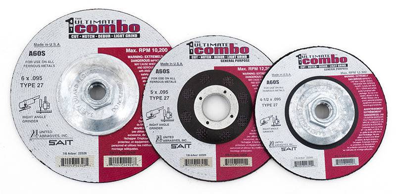 Sait Type 27 general purpose cutting disc, 4.5-inch diameter, 0.095-inch thickness, mounted on a grinder for metal cutting.