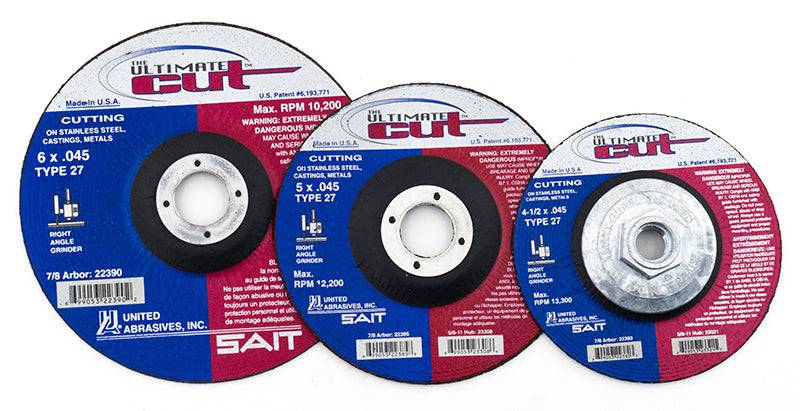 Sait Ultimate Cut Type 27 grinding wheel, 5-inch diameter, 0.045-inch thickness, 7/8-inch arbor for metal grinding and cutting.