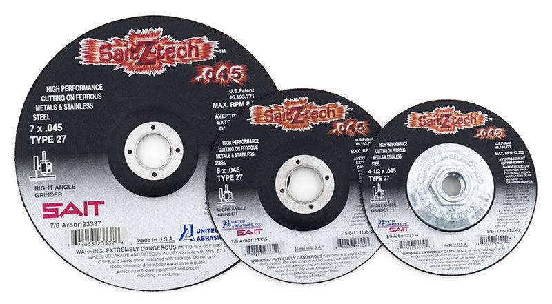 Sait Z-Tech Type 27 cut-off wheel, 5 inch diameter, 0.045 inch thickness, 5/8-11 inch arbor for grinding and cutting tasks.