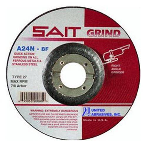 Sait Type 27 depressed centre grinding wheel 4x1/4x5/8 A24 for angle grinders, with a dark abrasive surface and metal backing.