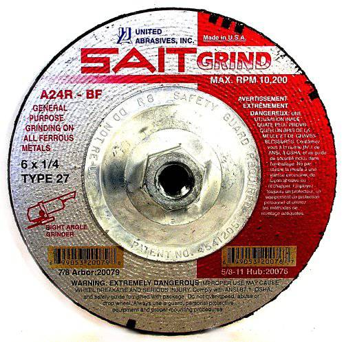 Sait Type 27 depressed centre grinding wheel 9x1/4x5/8-11 A24 for angle grinders, showing the abrasive surface and brand markings.