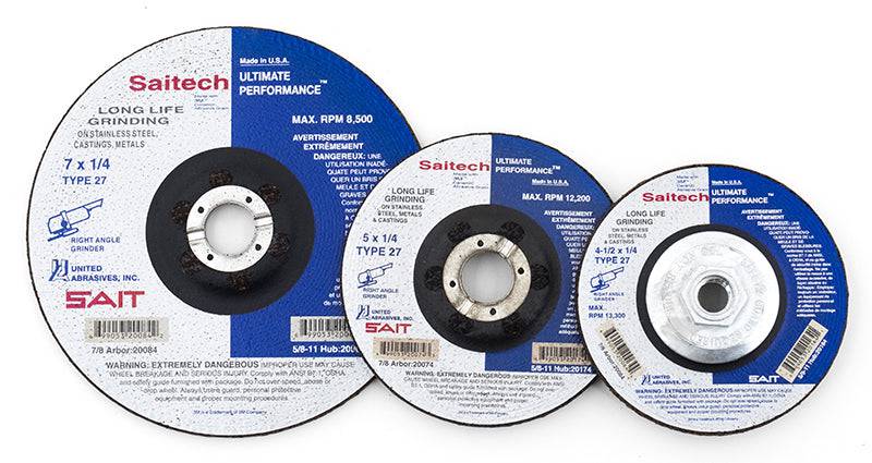 Sait Type 27 depressed centre grinder wheel, 9-inch diameter, 1/4-inch thickness, 5/8-11 inch arbor, used for metal grinding.