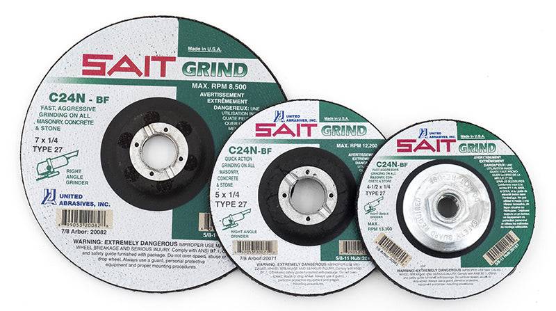 Sait Type 27 depressed centre grinding wheel, 5" diameter, 1/4" thickness, 5/8-11 hub for industrial grinding applications.