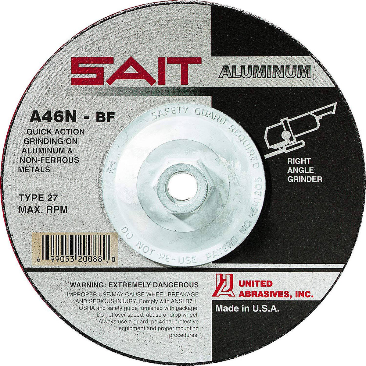Sait Type 27 depressed centre grinding wheel 5x1/4x5/8-11 A46 for angle grinders, shown in close-up.
