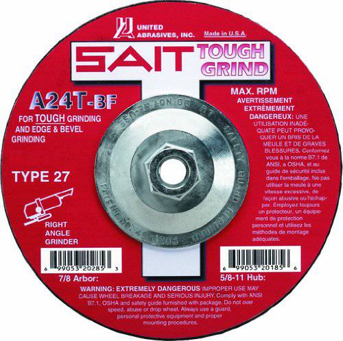 Sait Type 27 depressed centre grinding wheel, 5 x 1/4 x 5/8-11 A24, suitable for heavy-duty grinding applications.
