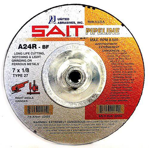 Sait Type 27 depressed center grinding wheel, 7 x 1/8 x 5/8-11 pipe, designed for metal grinding applications.