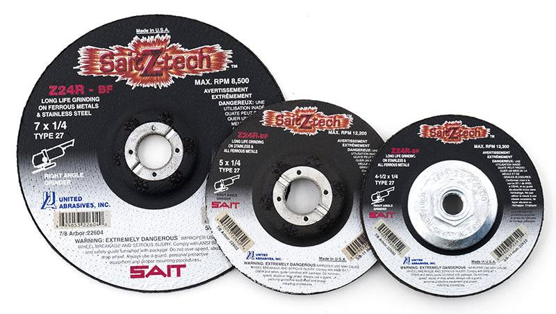 Sait Z-Tech Type 27 depressed center grinding wheel with 4.5-inch diameter and 1/4-inch thickness for grinding and cutting tasks.