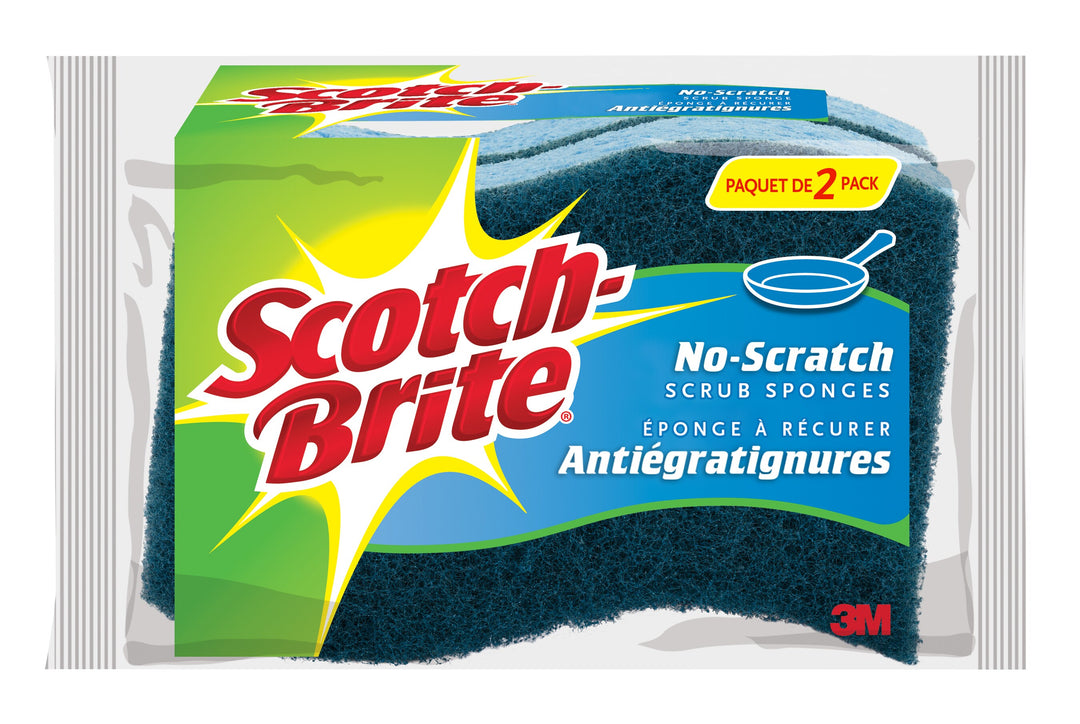 Two 3M Scotch-Brite no-scratch scrub sponges with blue and yellow colors, ideal for gentle cleaning on delicate surfaces.