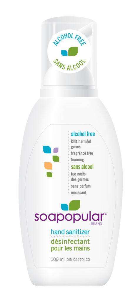 Soapopular alcohol-free hand sanitizer foam in a 100ml bottle, with a pump dispenser and label showing product details.