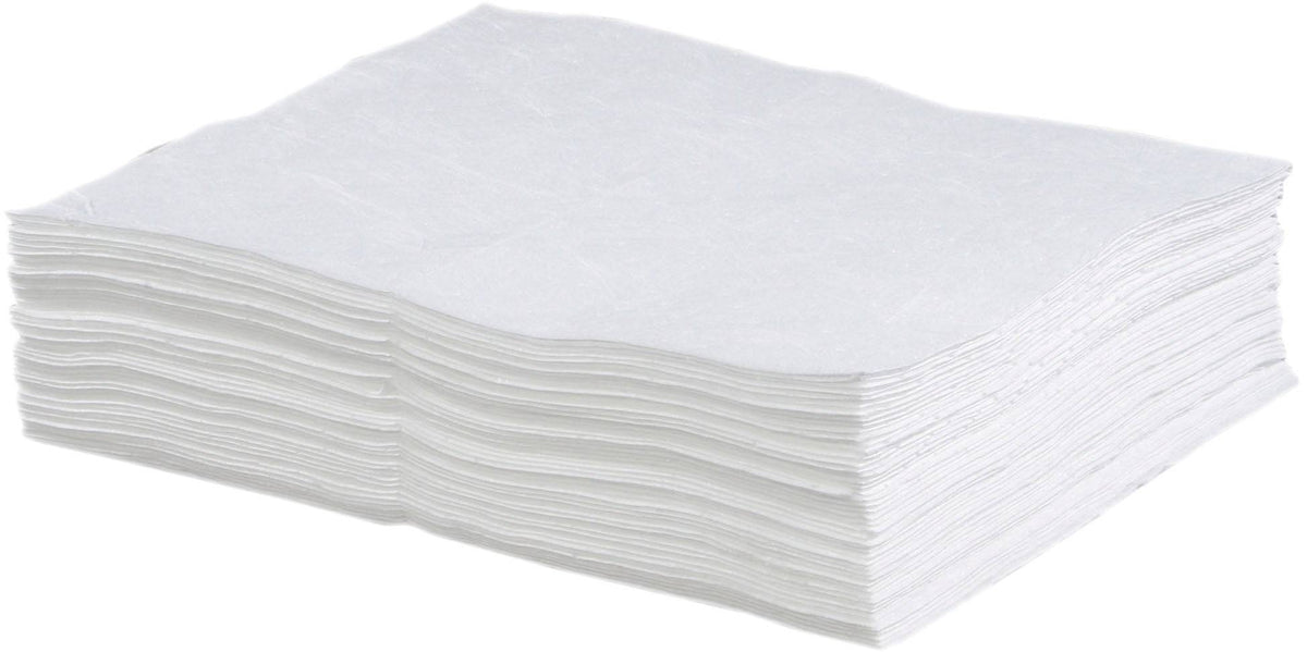 SpilKleen AMEP100 oil-only pads for spill absorption, shown in a stack with absorbent, lightweight pads for oil cleanup.