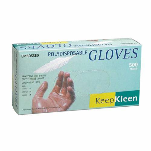 Pair of Superior Glove KeepKleen PDM 2 Mil clear polyethylene disposable gloves in medium size, showing their flexible material.