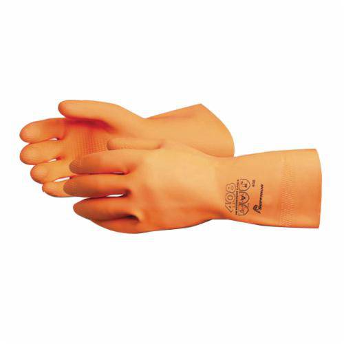 Orange Superior Glove Chemstop 408-9 heavy-duty latex reusable gloves with flock lining, 12-inch length for industrial protection.