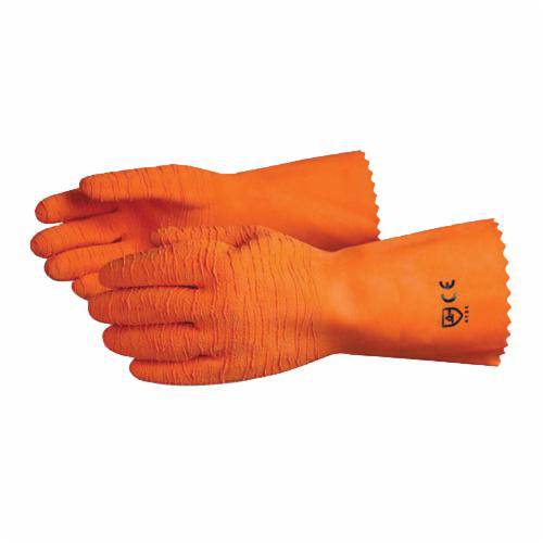 Superior Glove Chemstop L8230-8 heavy-duty latex reusable gloves with cotton lining and crinkle grip, 12-inch length, size 8.