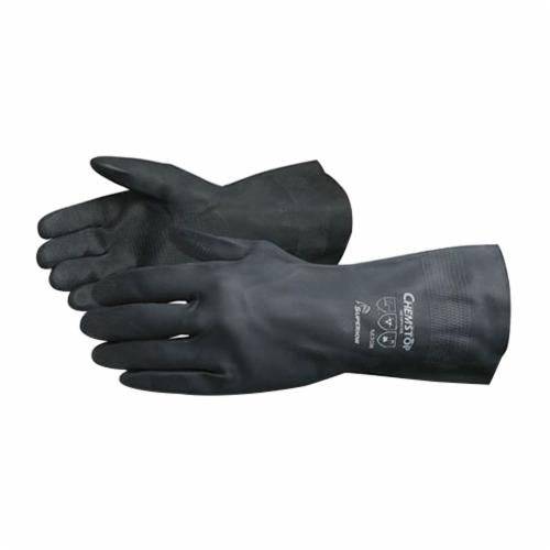 Black Superior Glove Chemstop NE3030-9 neoprene reusable gloves with flock lining, 12-inch length, size 9, for chemical protection.