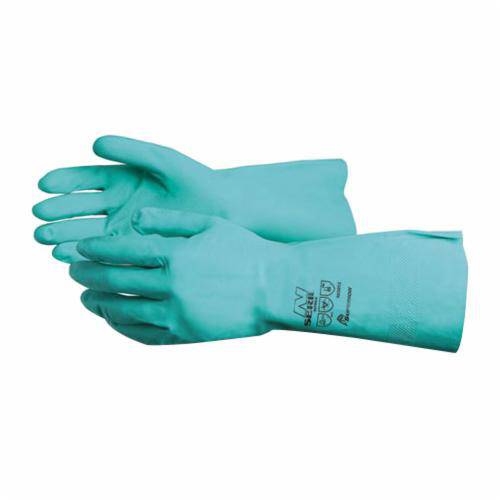 Green Superior Glove Chemstop NI3012-9 unlined nitrile reusable gloves, 12 inch, size 9, with textured fingertips for grip.