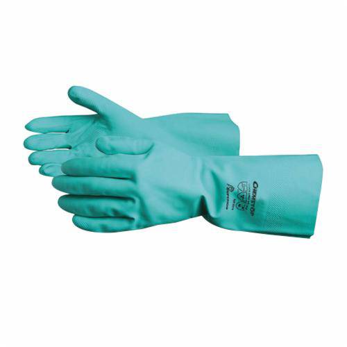 Green Superior Glove Chemstop NIF30188 nitrile reusable gloves with flock lining, 13-inch size 8, designed for chemical protection.