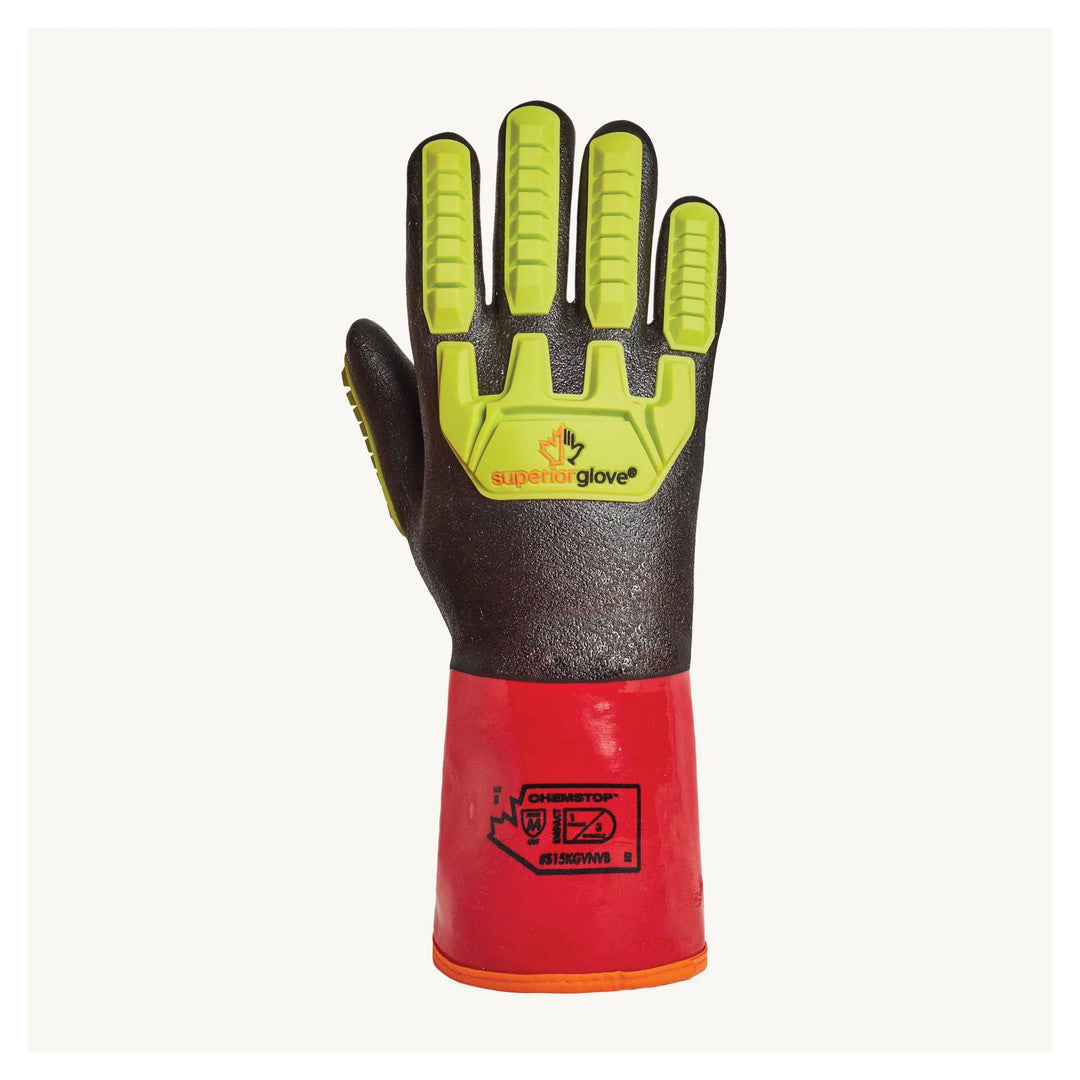 Superior Glove Chemstop S15KGVNVB8 blended Kevlar reusable gloves with PVC-coated nitrile overdip and anti-impact taper back, size 8.
