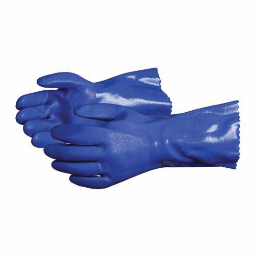 Blue Superior Glove Chemstop SH230M heavy-duty oil-resistant PVC gloves with seamless cotton liner, 12-inch length, reusable and durable.