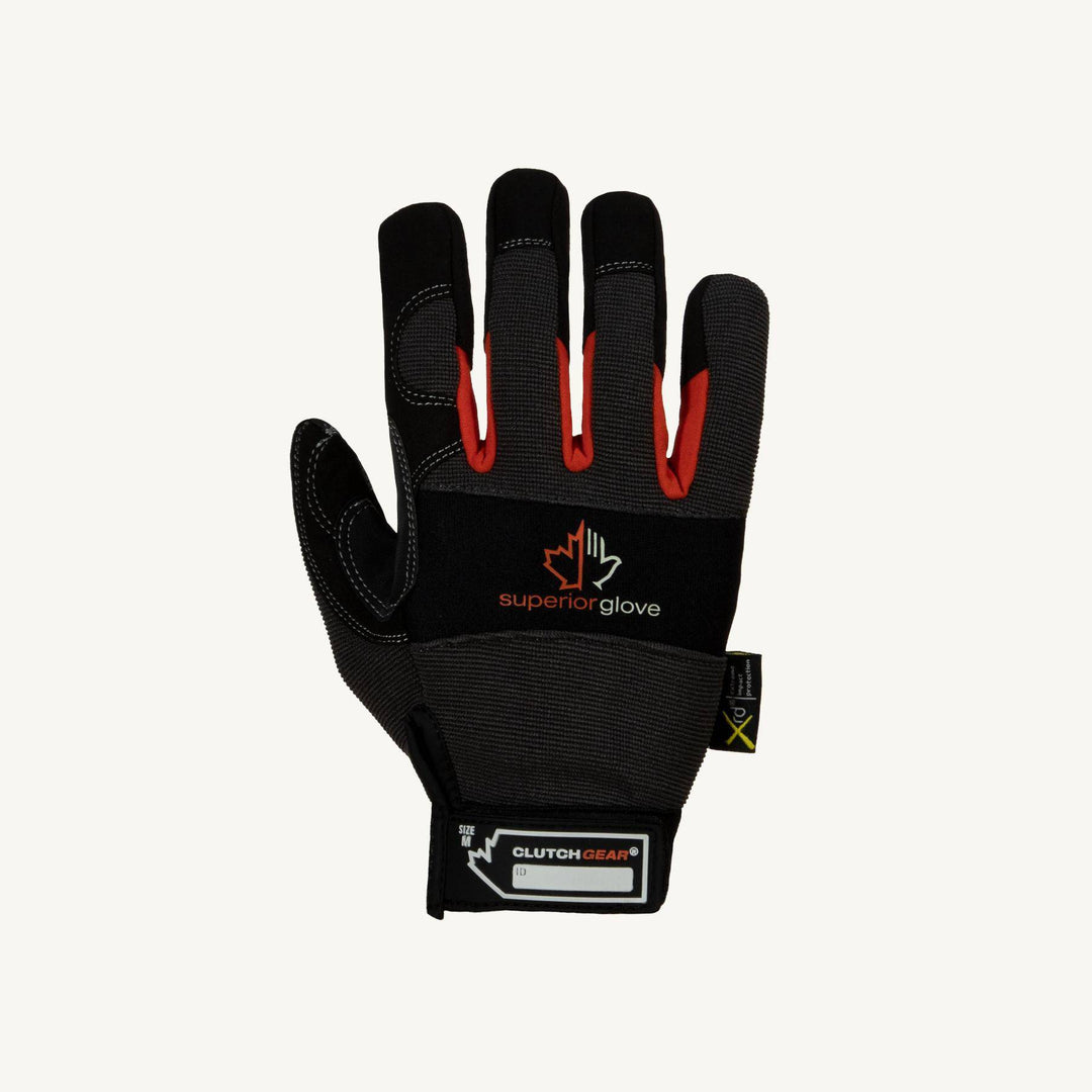 Superior Glove Clutch Gear MXGBE/M black mechanics gloves with synthetic palms and gription patches, medium size, reusable work gloves.