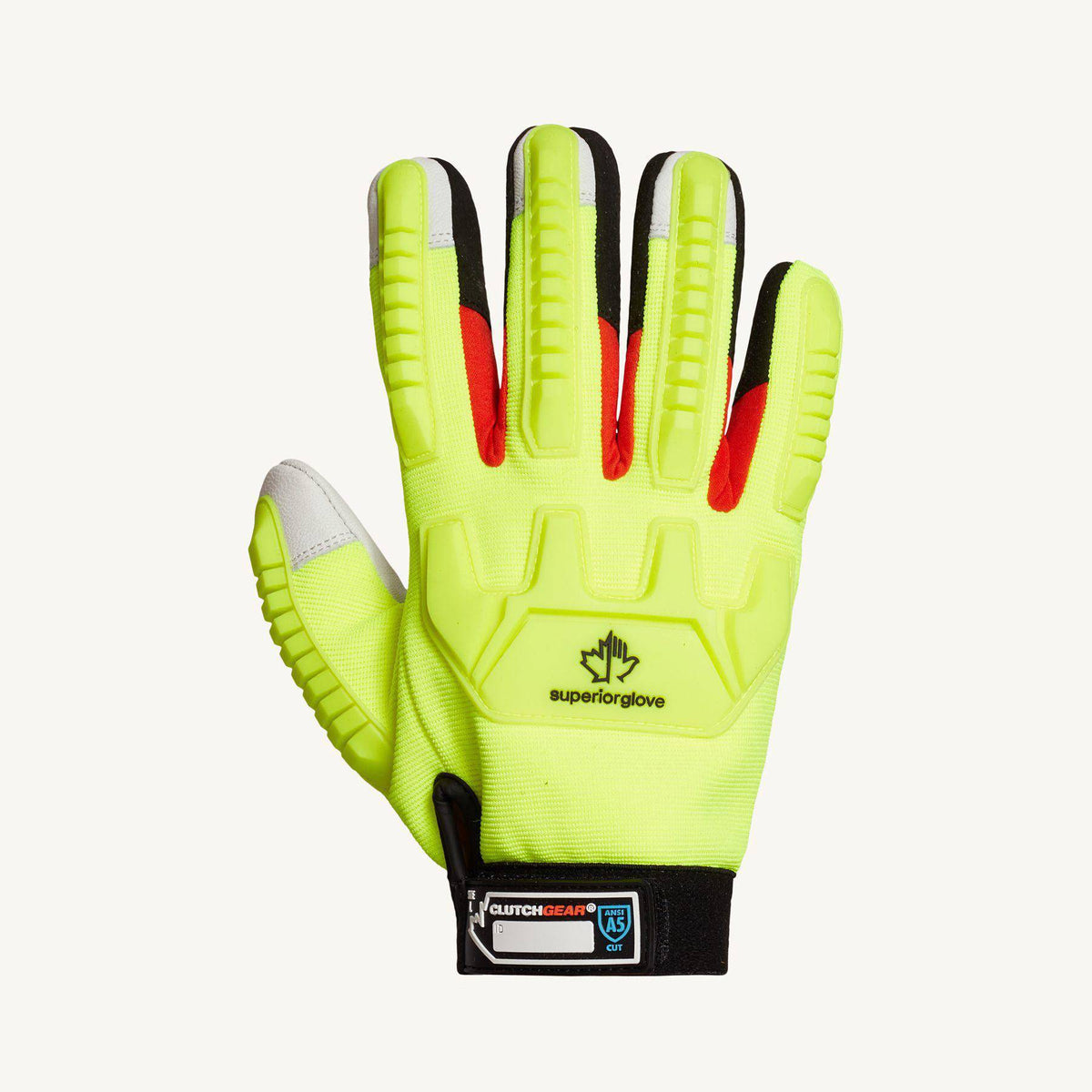 X-large Superior Glove Clutch Gear MXGKGHTVB reusable mechanics gloves with hi-viz, impact-resistant design, goat-skin palms, and Kevlar lining.