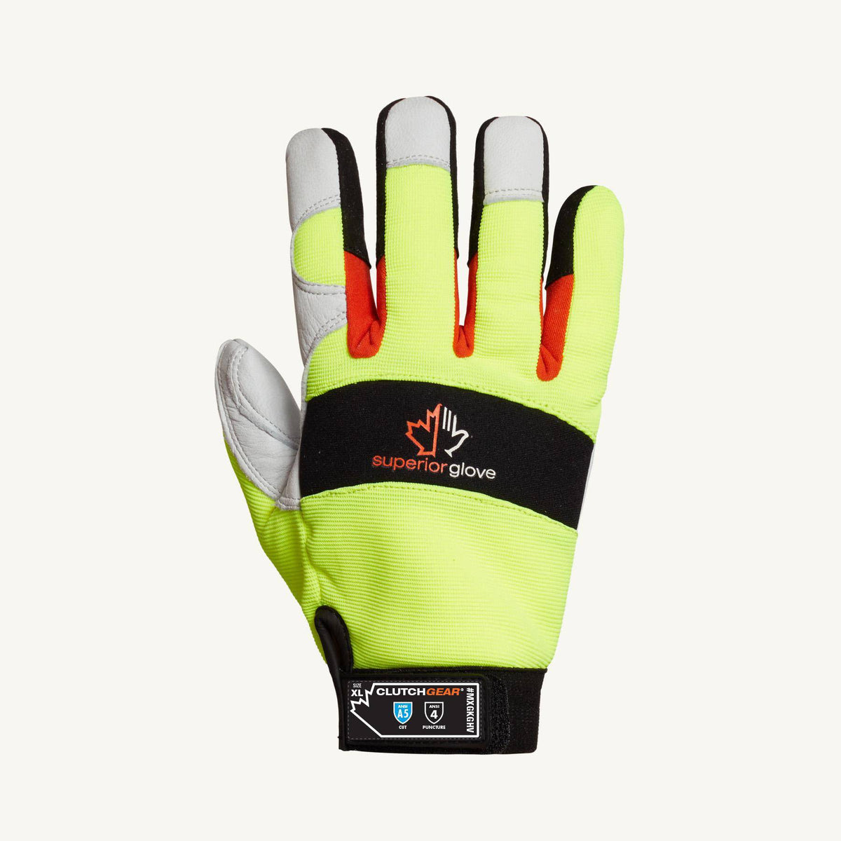 Superior Glove Clutch Gear MXGKGHV XXL goat-skin mechanics gloves with Kevlar liner and hi-viz back, reusable work gloves.