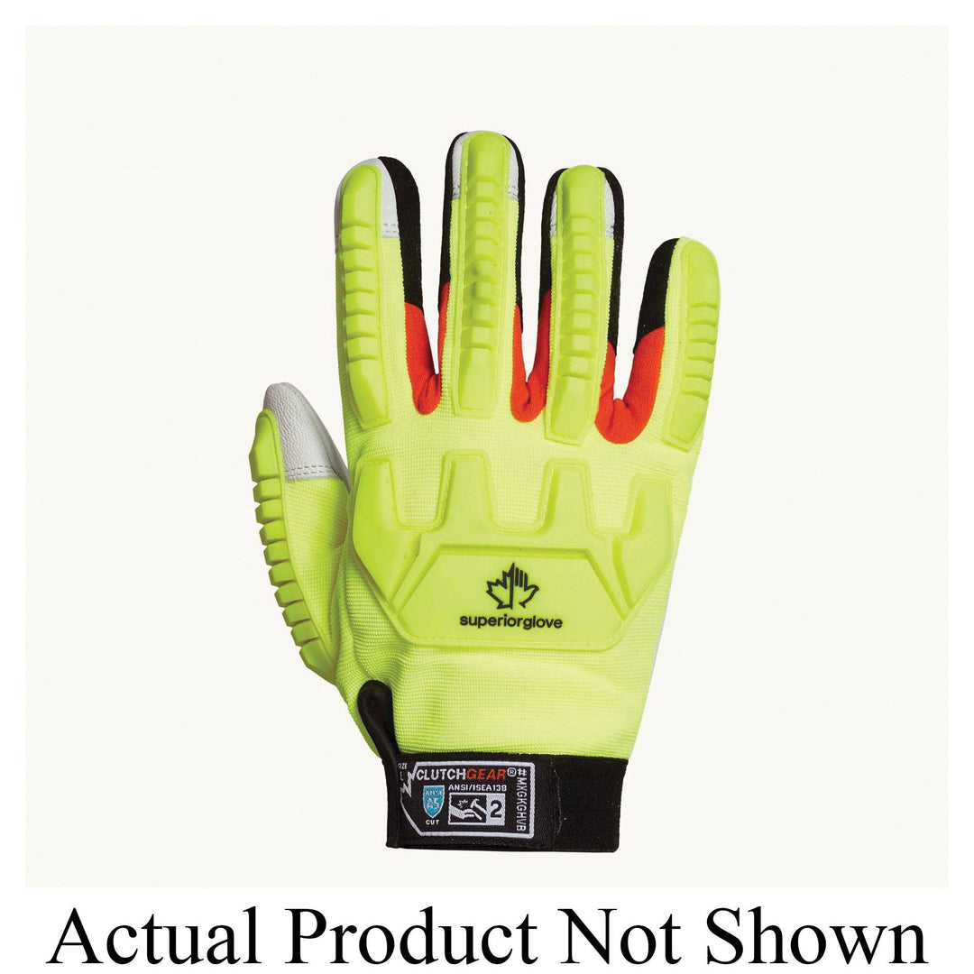 Superior Glove Clutch Gear MXGKGHVBXXX high-visibility goat-skin mechanics gloves with Kevlar lining and tapered back, 3X-large.