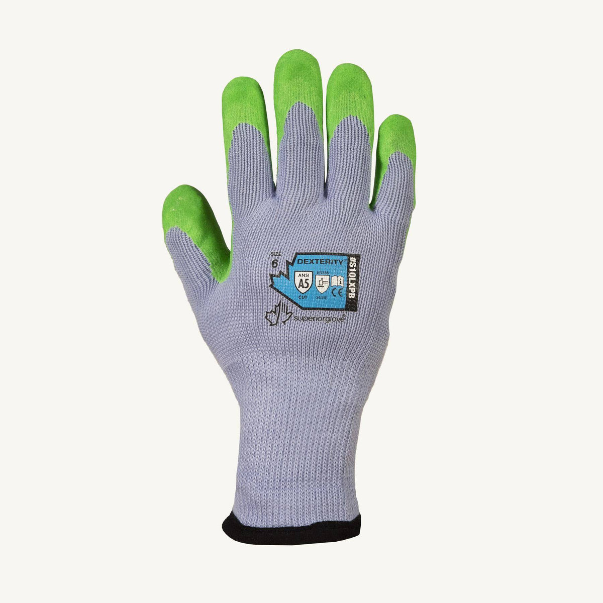 Superior Glove Dexterity S10LXPB-11 reusable cotton-poly gloves with hi-viz latex and puncture-resistant palm, size 11.