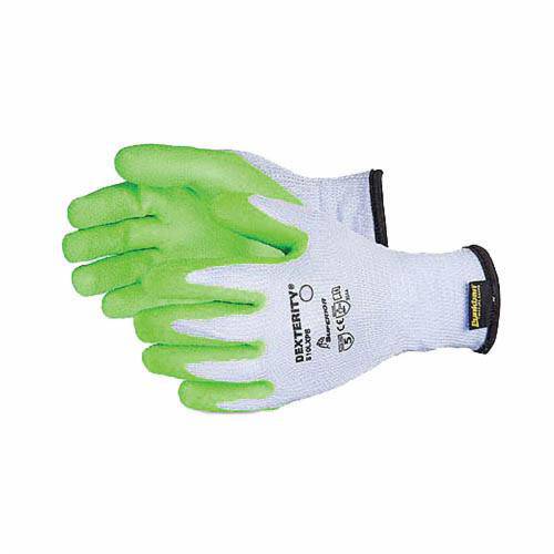 Superior Glove Dexterity S10LXPB-7 reusable string cotton-poly gloves with hi-viz latex and puncture-resistant palm, size 7.
