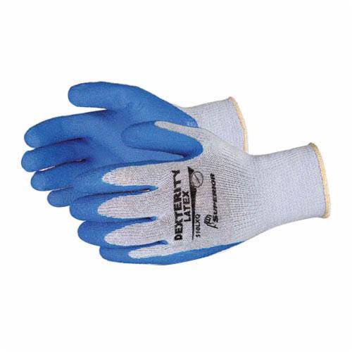 Superior Glove Dexterity S10LXQ-7 reusable string knit cotton-poly gloves with latex-coated palms and crinkle grip, size 7.