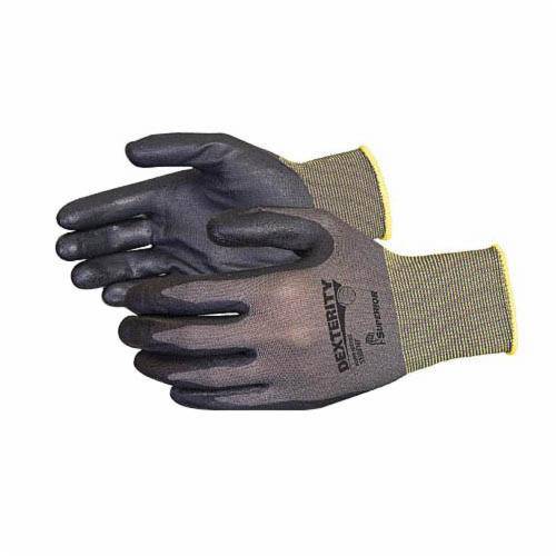 Black Superior Glove Dexterity S13BFNT-8 reusable nylon gloves with foam nitrile coated palms, seamless knit design, size 8.