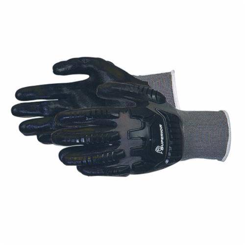 Superior Glove Dexterity S13BFNVB/S reusable nylon gloves with foam nitrile palms and anti-impact taper back in black, small size.