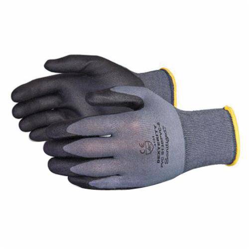 Grey Superior Glove Dexterity S13BPVC-8 reusable nylon gloves with PVC-coated palms, size 8, seamless knit design.